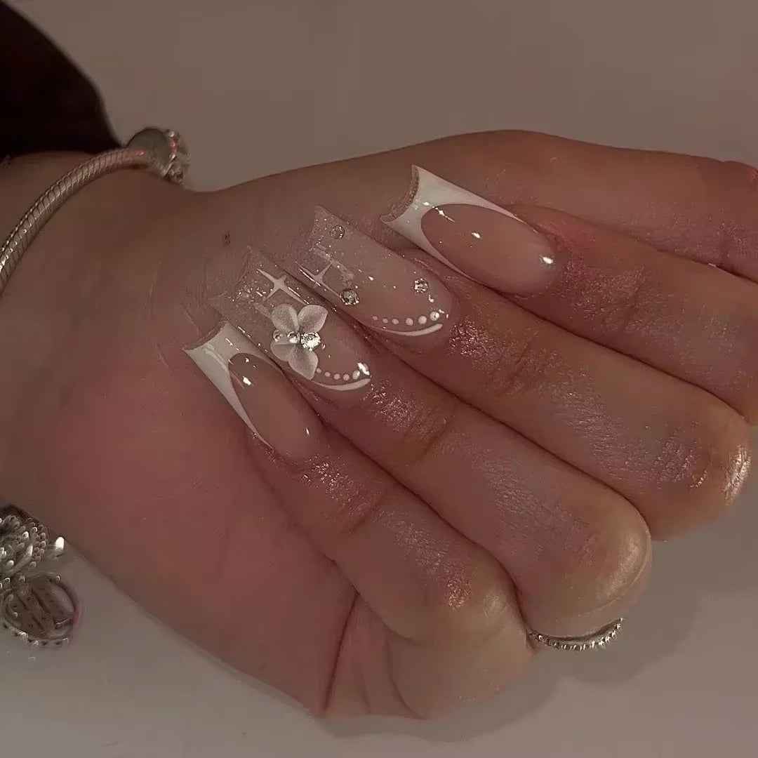 24Pcs Long French Fake Nails with Glue Ballet False Nails Butterfly Rhinestone Design Press on Nails Wearable Coffin Nail Tips - All Things Beauty -