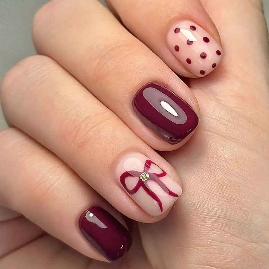 Short Square Press on Nails Glossy Red Wine Dots Bow Glitter Fake Nails 24Pcs Women Cute Sweet Fall Winter - All Things Beauty -