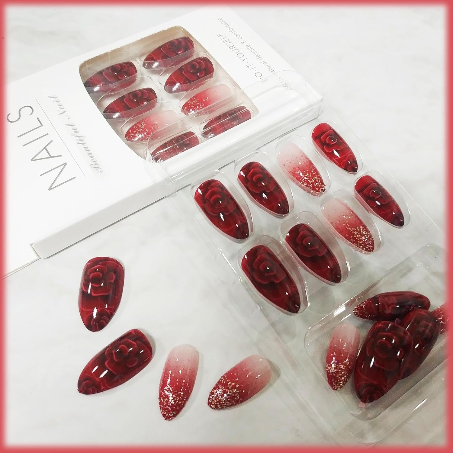 24Pcs Red Gradient Short Almond Press on Nails with Rose Flower Design, Glossy Gold Glitter False Nails Gel Glue on Nails, Shine Ombre Manicure Art Acrylic Fake Nails Stick on Nails for Women Girls - All Things Beauty -