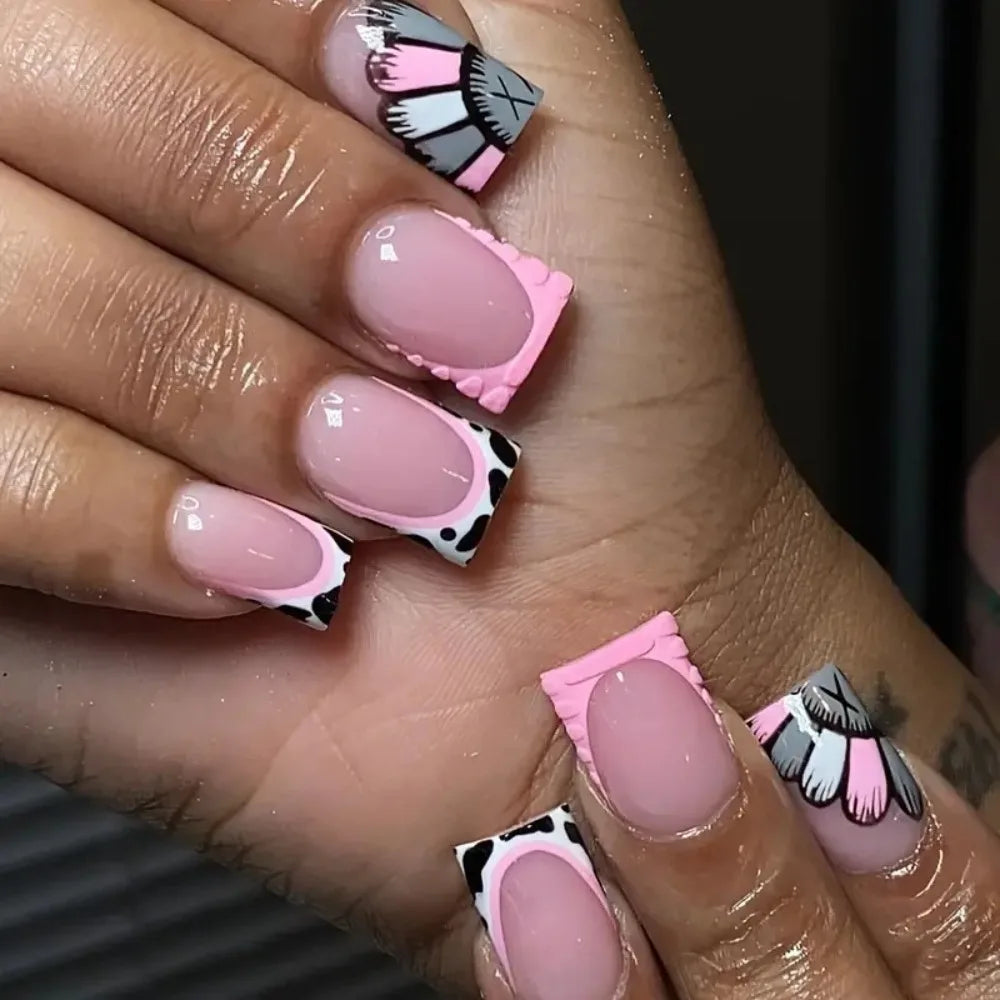 Wearable Manicure French Fake Nails Detachable Butterfly Flash Nail Tips Full Cover Square Head Press on Nails Women - All Things Beauty -