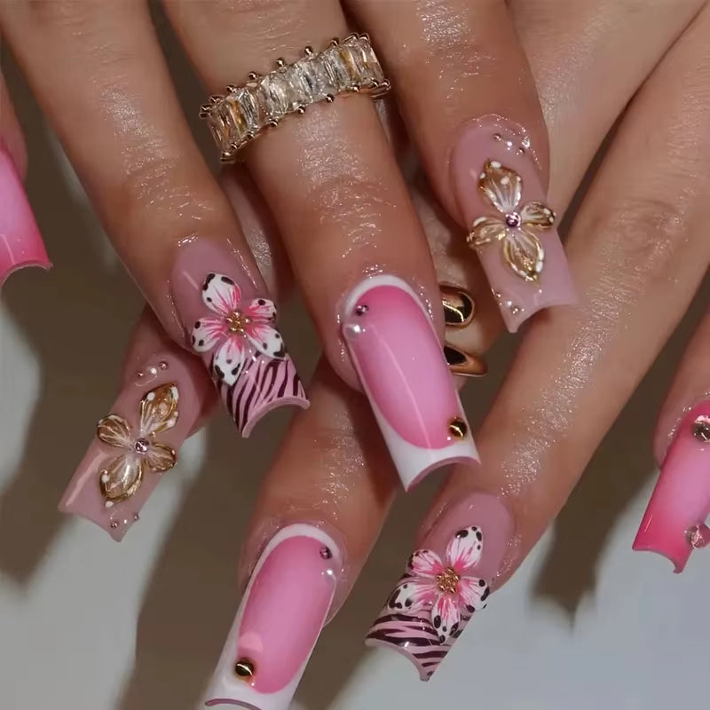 24Pcs Long French Fake Nails with Glue Ballet False Nails Butterfly Rhinestone Design Press on Nails Wearable Coffin Nail Tips - All Things Beauty -