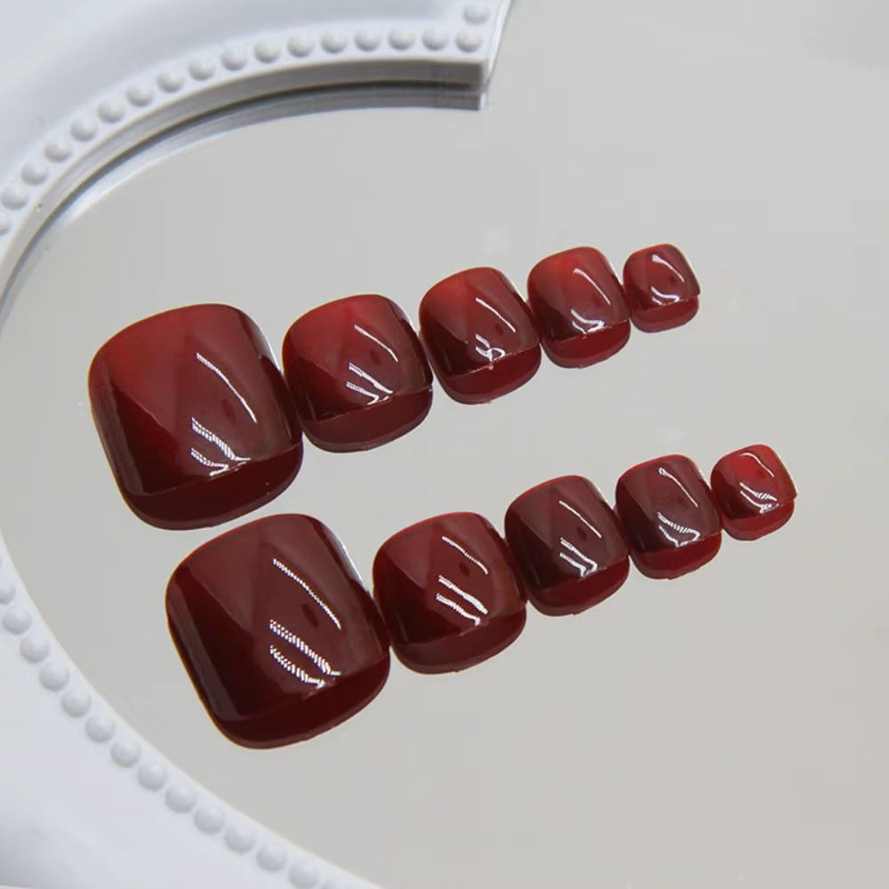 24Pcs Fake Toenails French Full Cover Summer Red Cat Eye Short Square Toe Nails Foot Nails Tips for Women Girl Press on Nails - All Things Beauty -