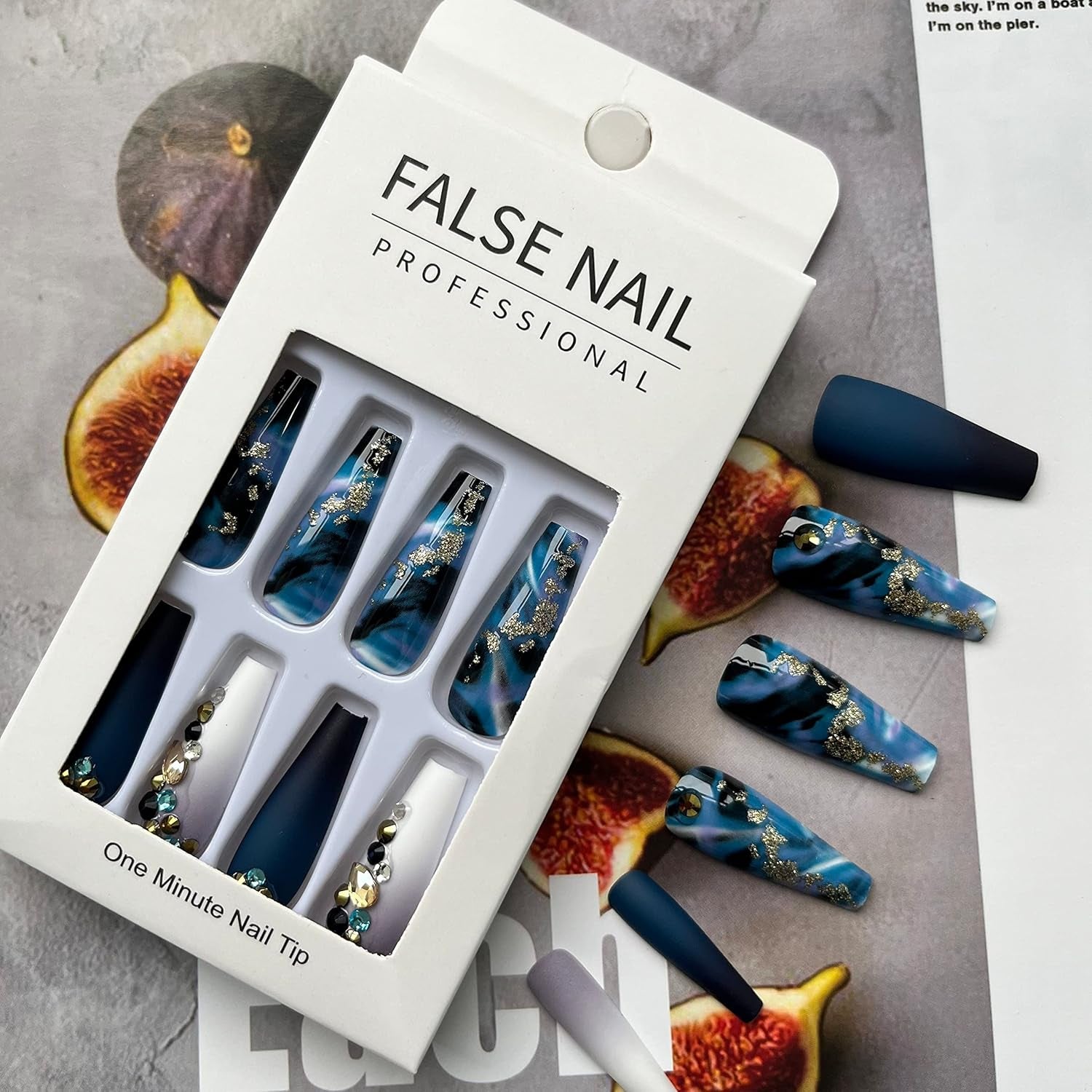 Long Press on Nails Navy Blue Coffin Fake Nails French Marble False Nails with Glitter Designs Rhinestones Glue on Nail Matte Stick on Artificial Nails for Women 24Pcs - All Things Beauty -